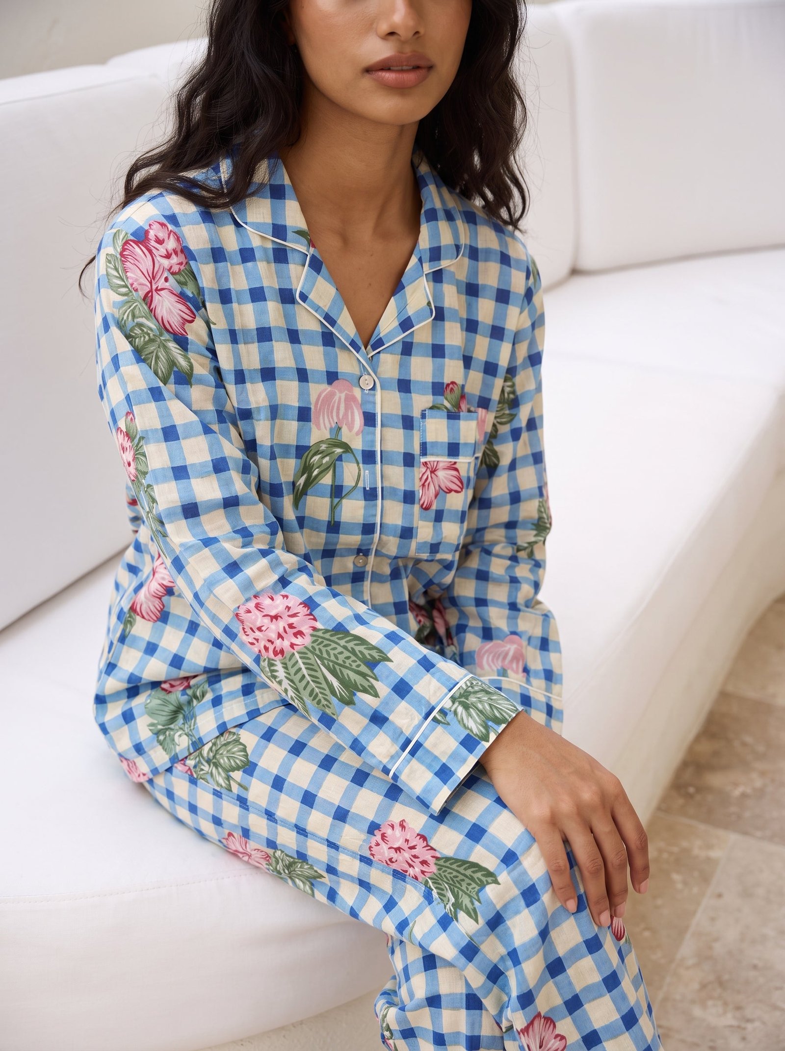 Blue Floral Gingham Pajama Set