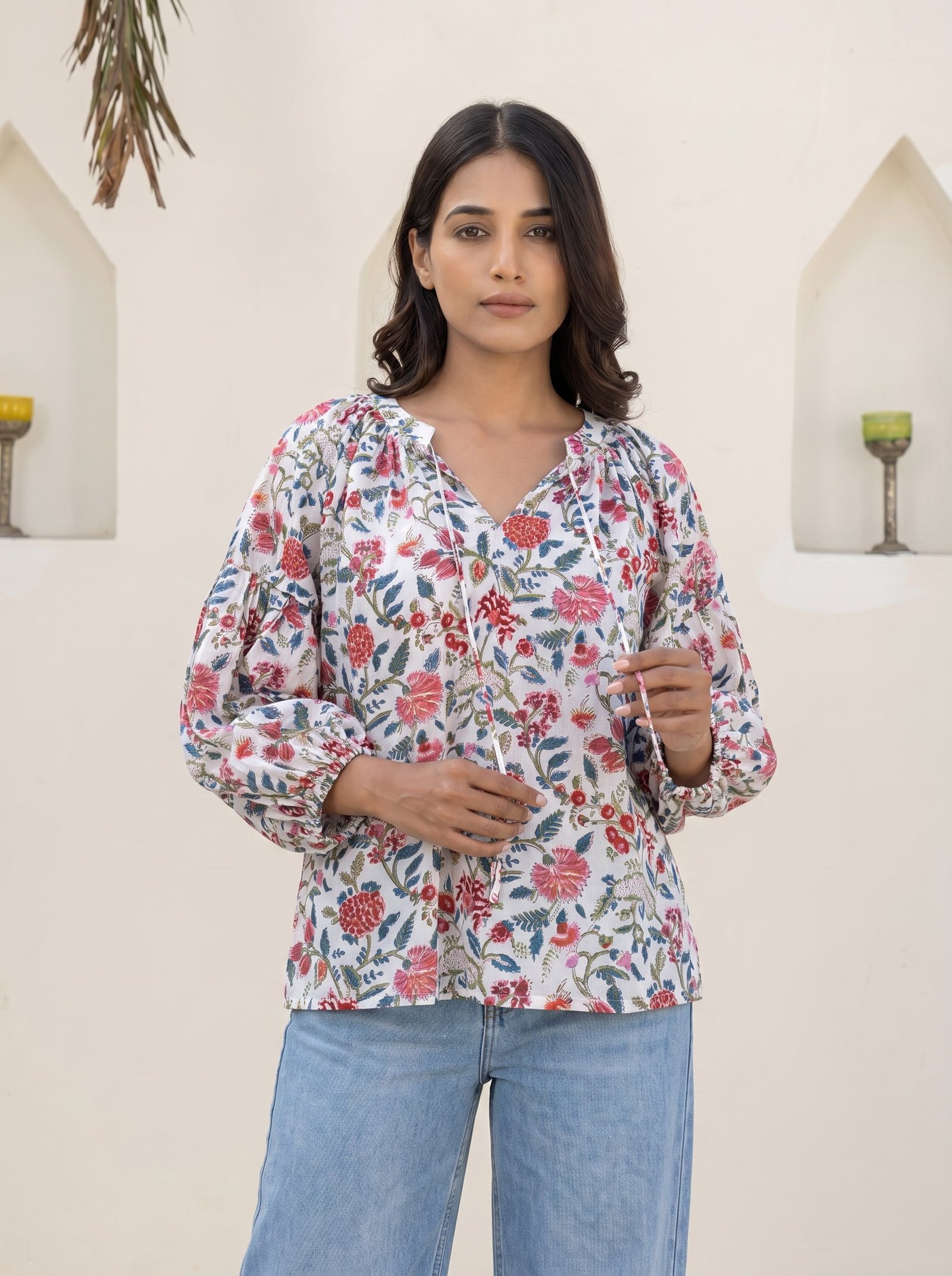 Vintage Floral Balloon Sleeve Top