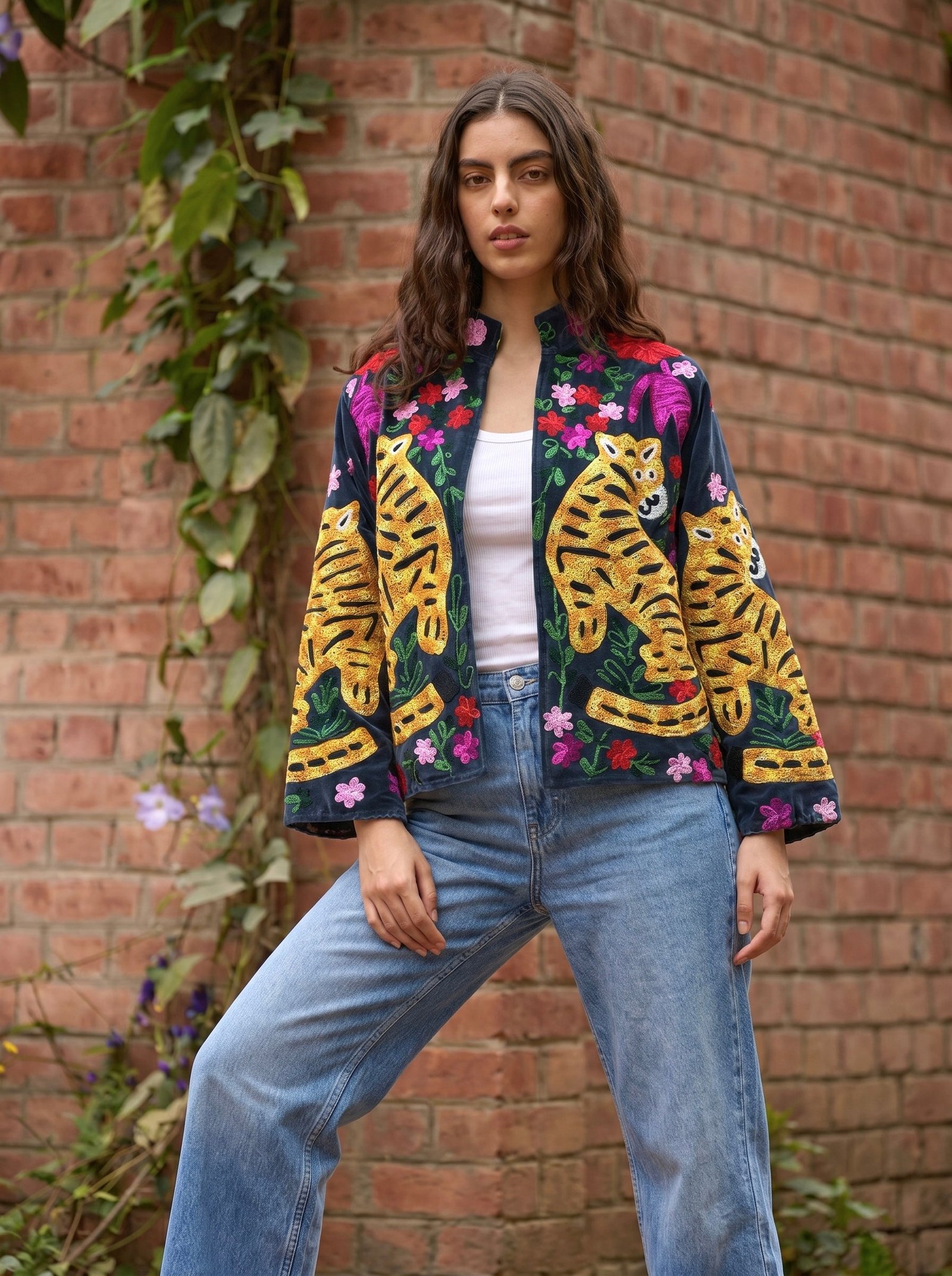 Grey Black Garden Embroidered Velvet Jacket