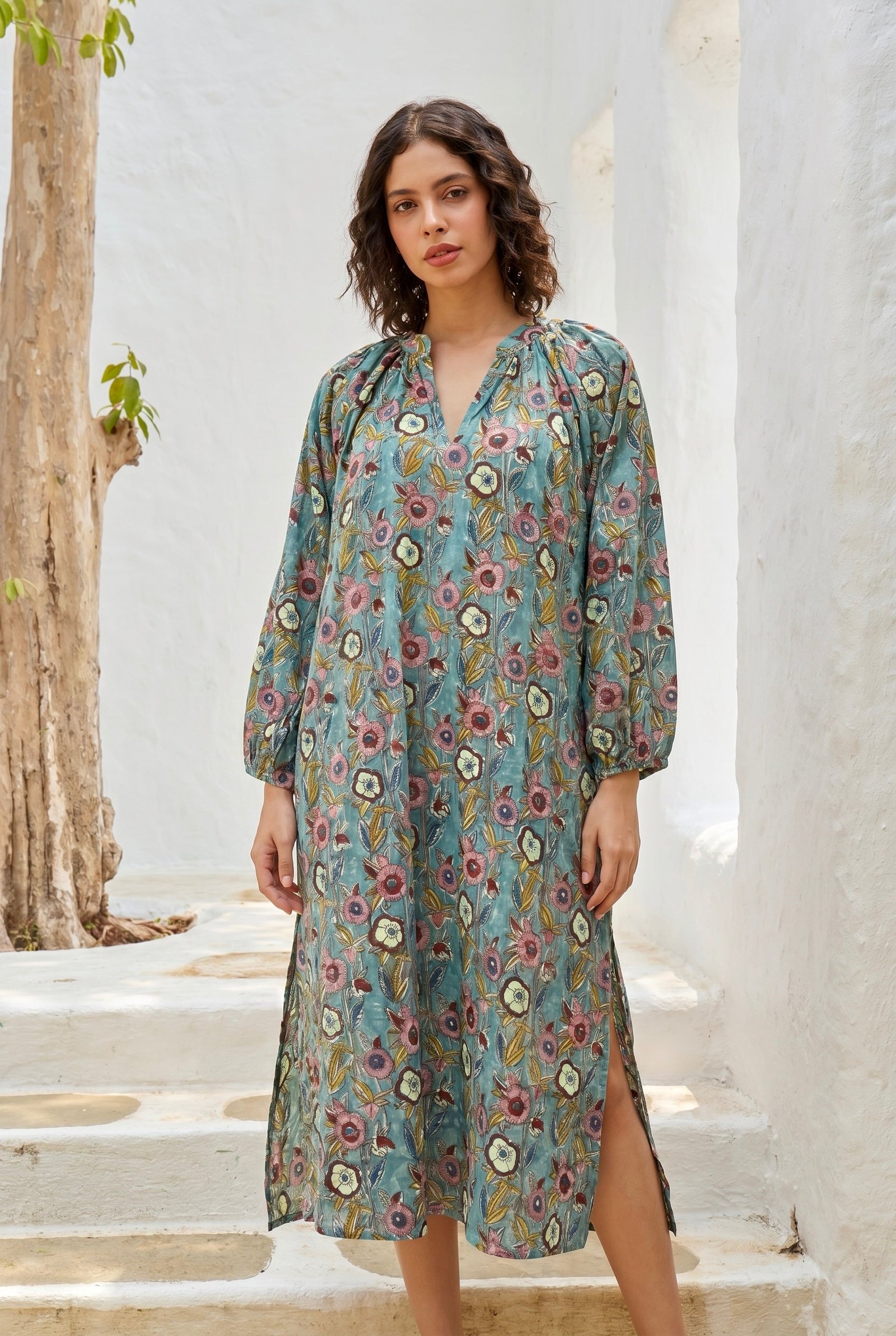 Sage Bloom Cotton Kurta Dress