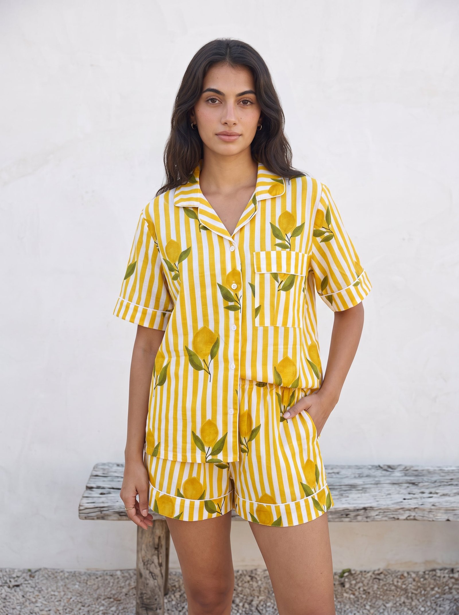 Yellow Lemon Stripe Pajama Set