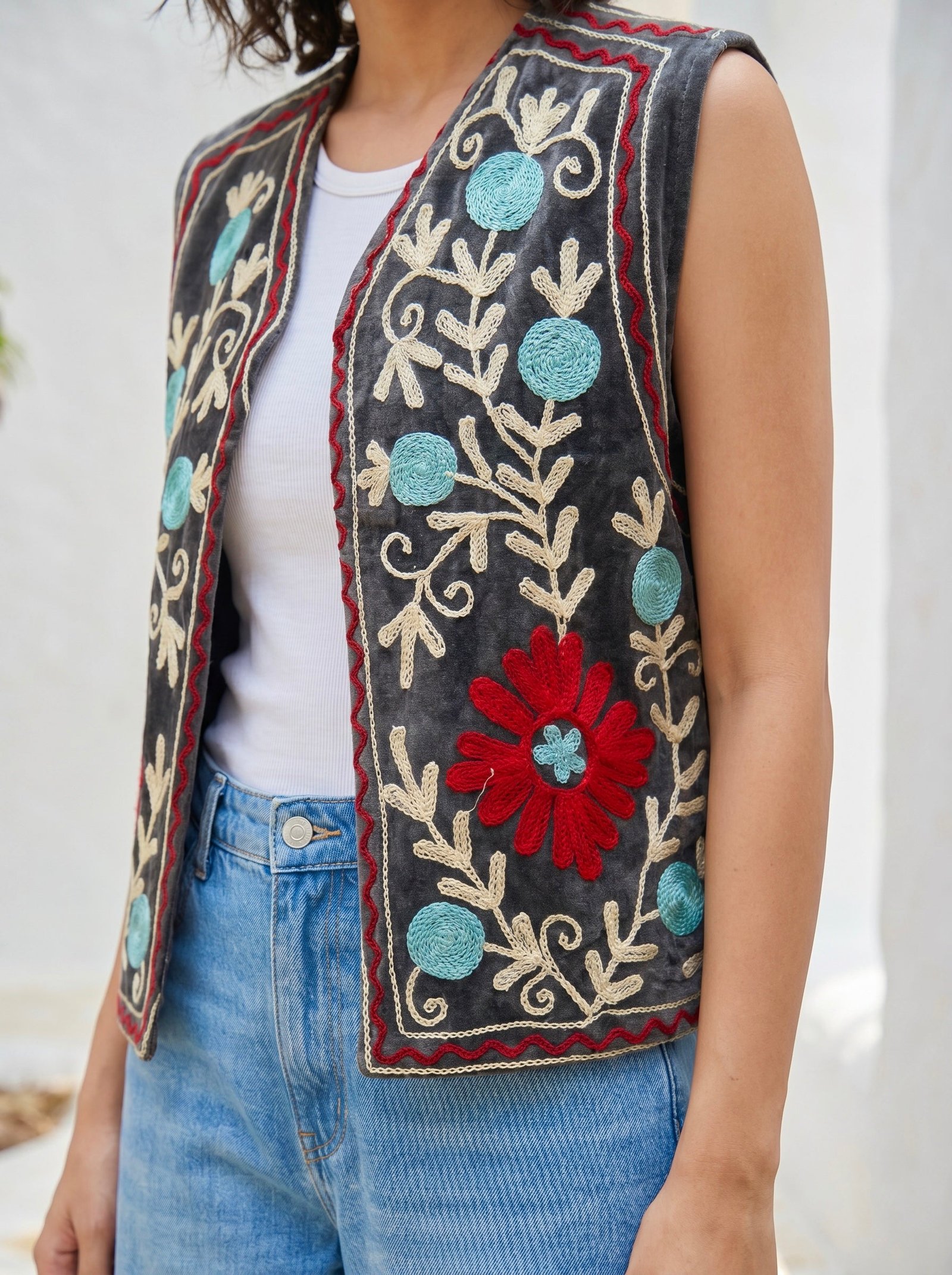 Meadow Charm Embroidered Velvet Vest
