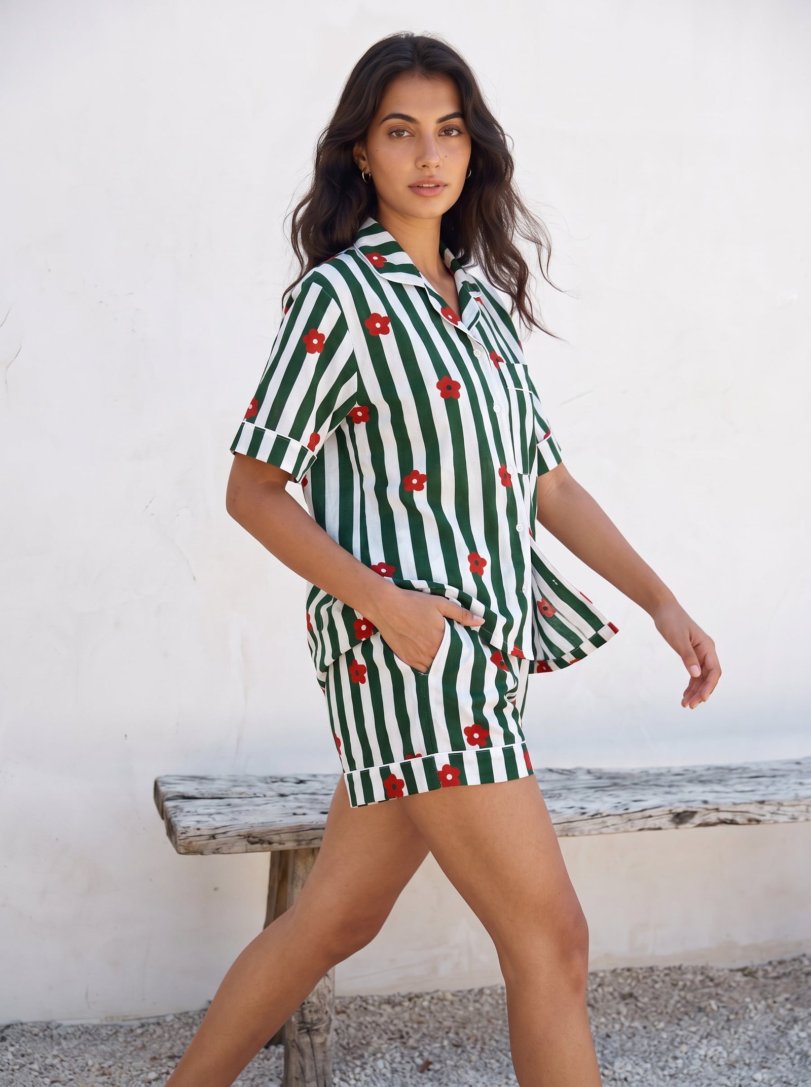 Green Flower Stripe Pajama Set