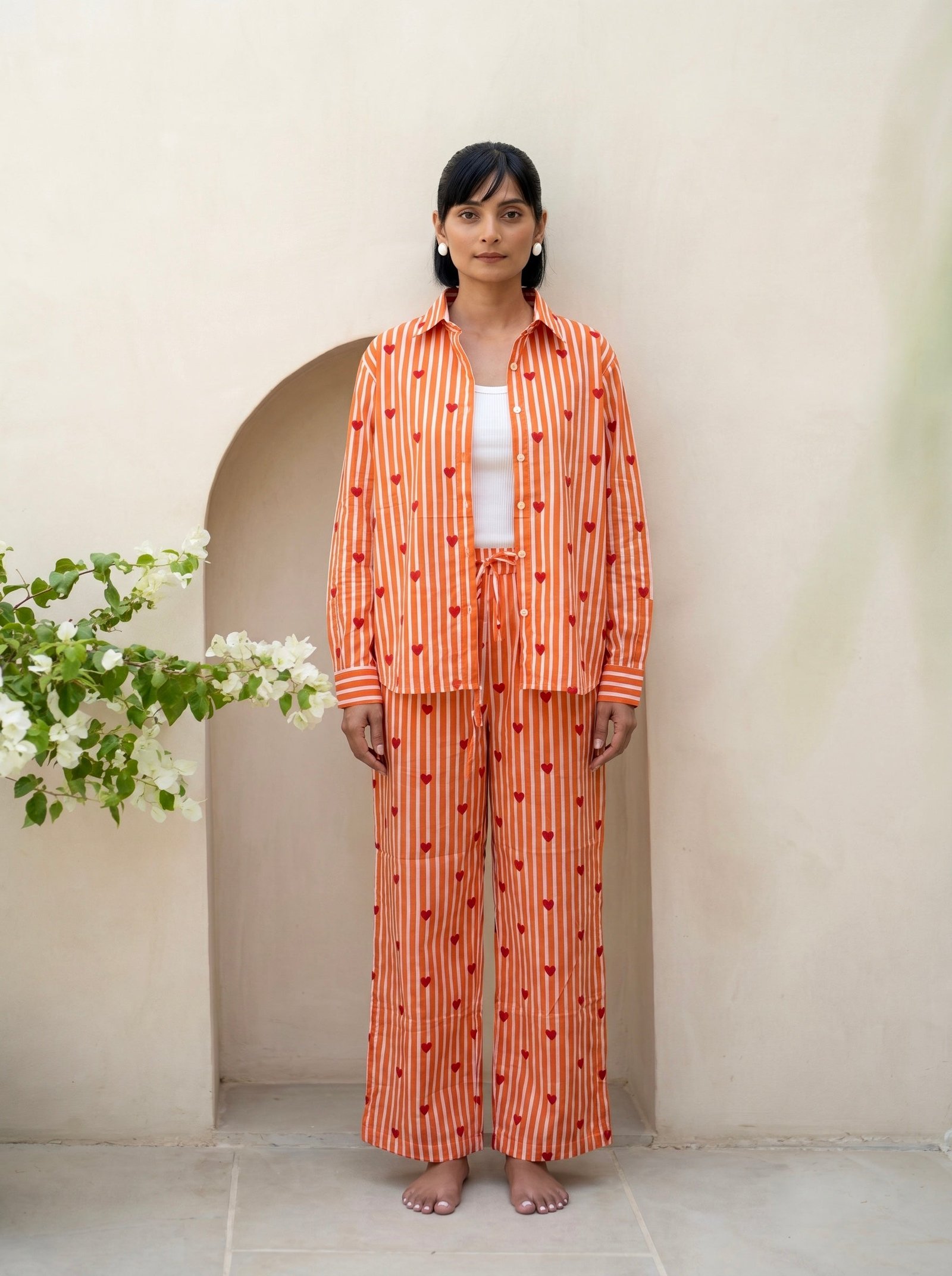 Orange Heart Print Stripe Co-Ord Set
