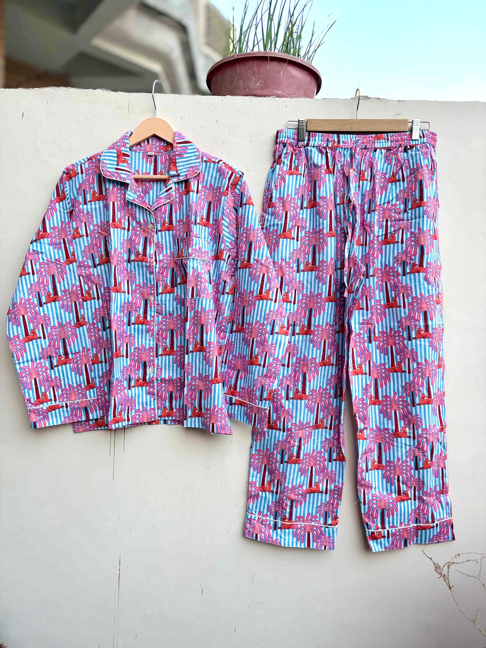 Tropical Palm Stripe Cotton Pajamas Set