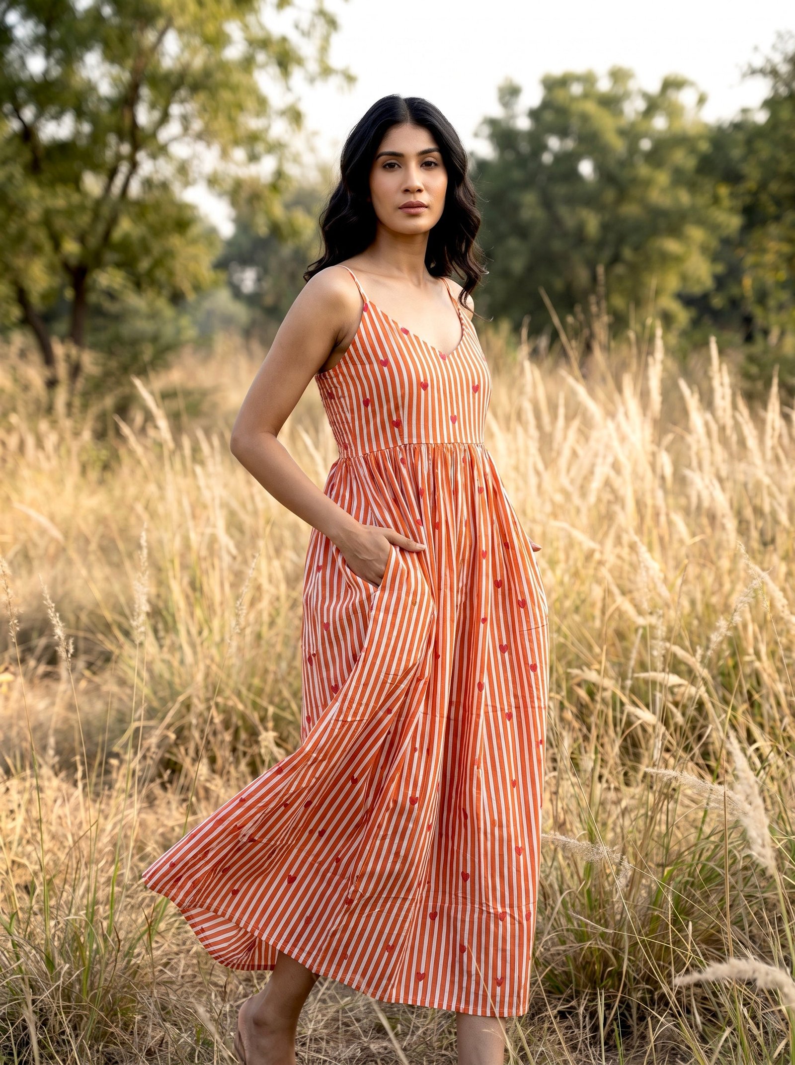 Orange Heart Stripe Maxi Dress