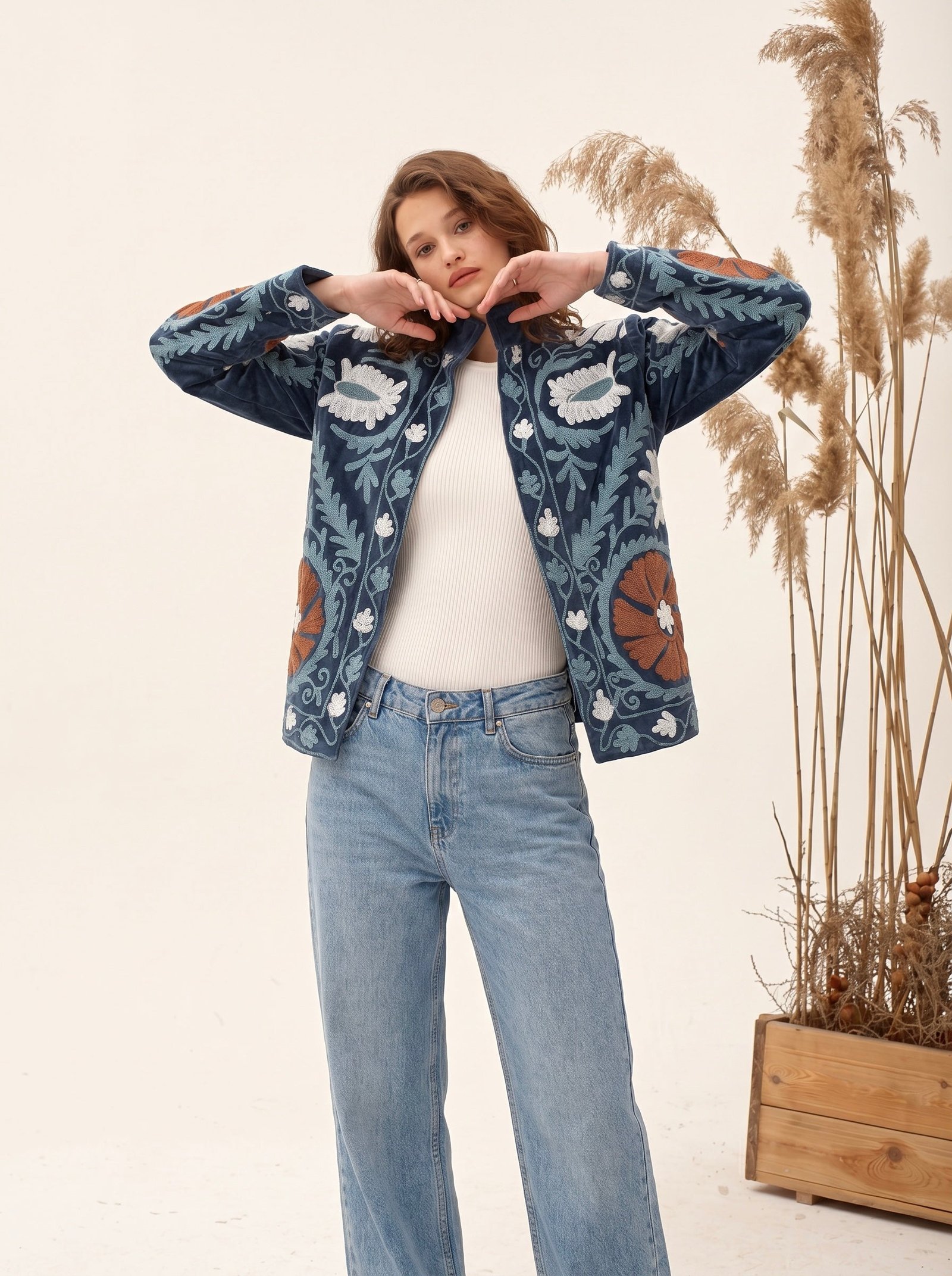 Navy Blue Embroidered Velvet Jacket