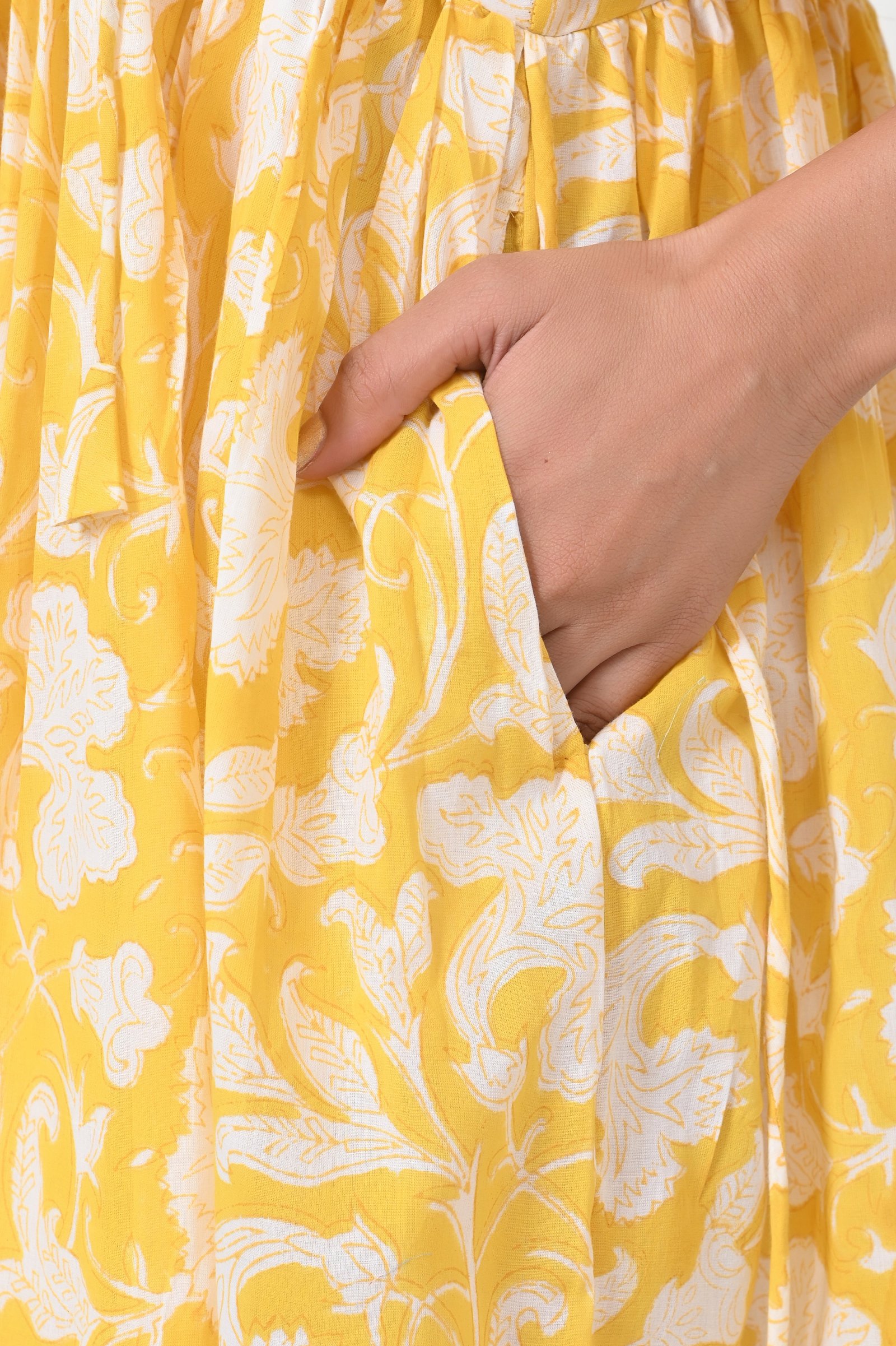 Yellow Floral Print Cotton Maxi Doi Dress