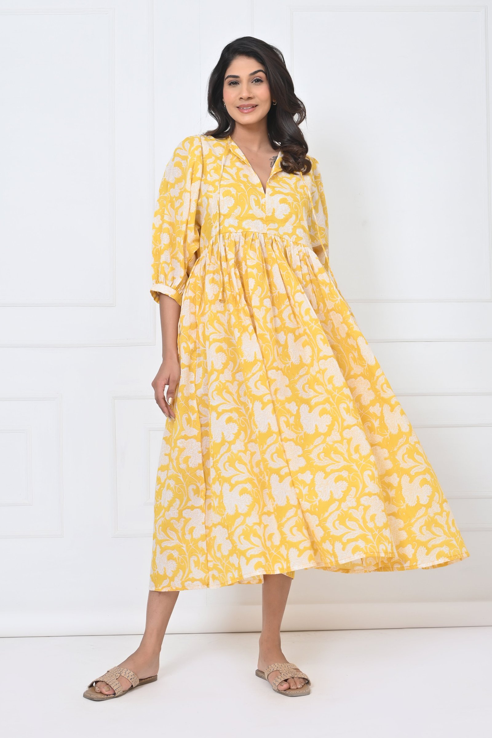 Yellow Floral Print Cotton Maxi Doi Dress