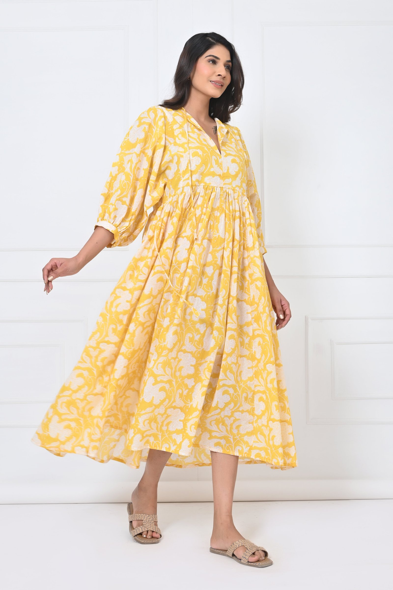 Yellow Floral Print Cotton Maxi Doi Dress