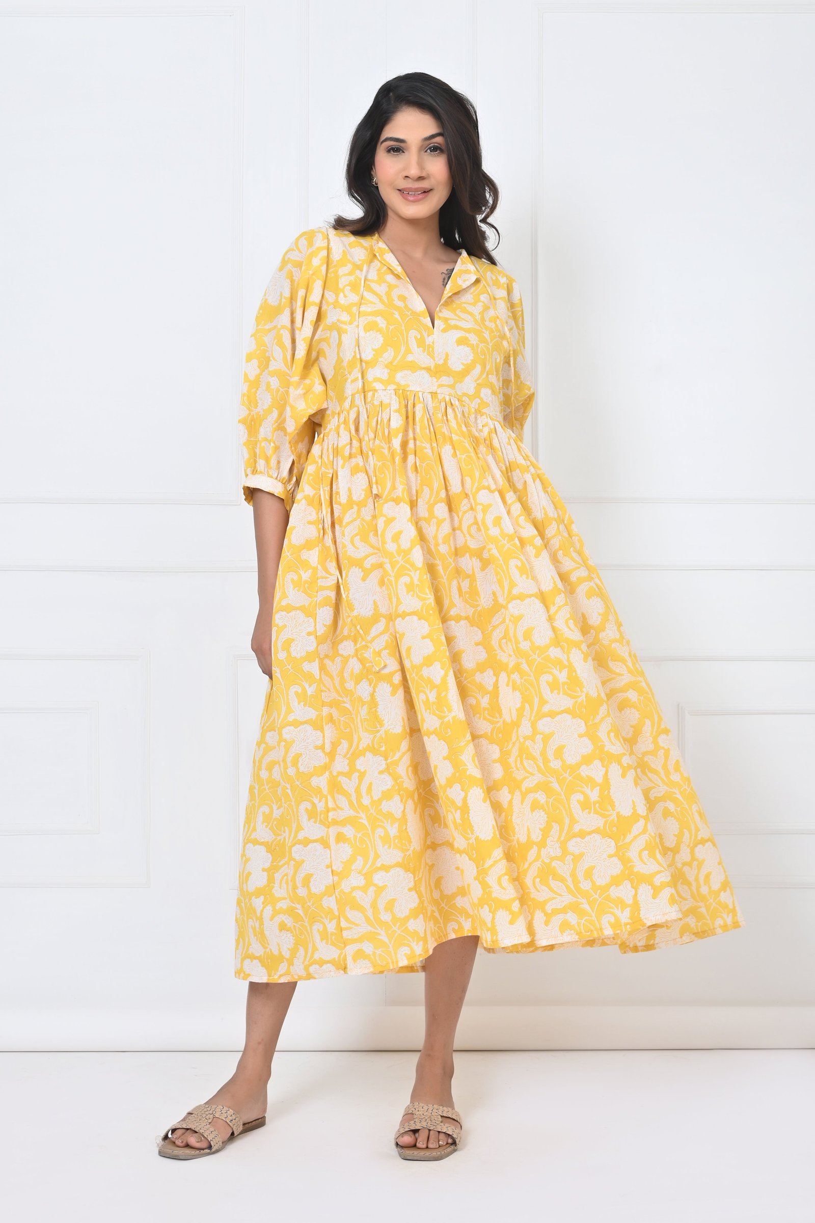 Yellow Floral Print Cotton Maxi Doi Dress