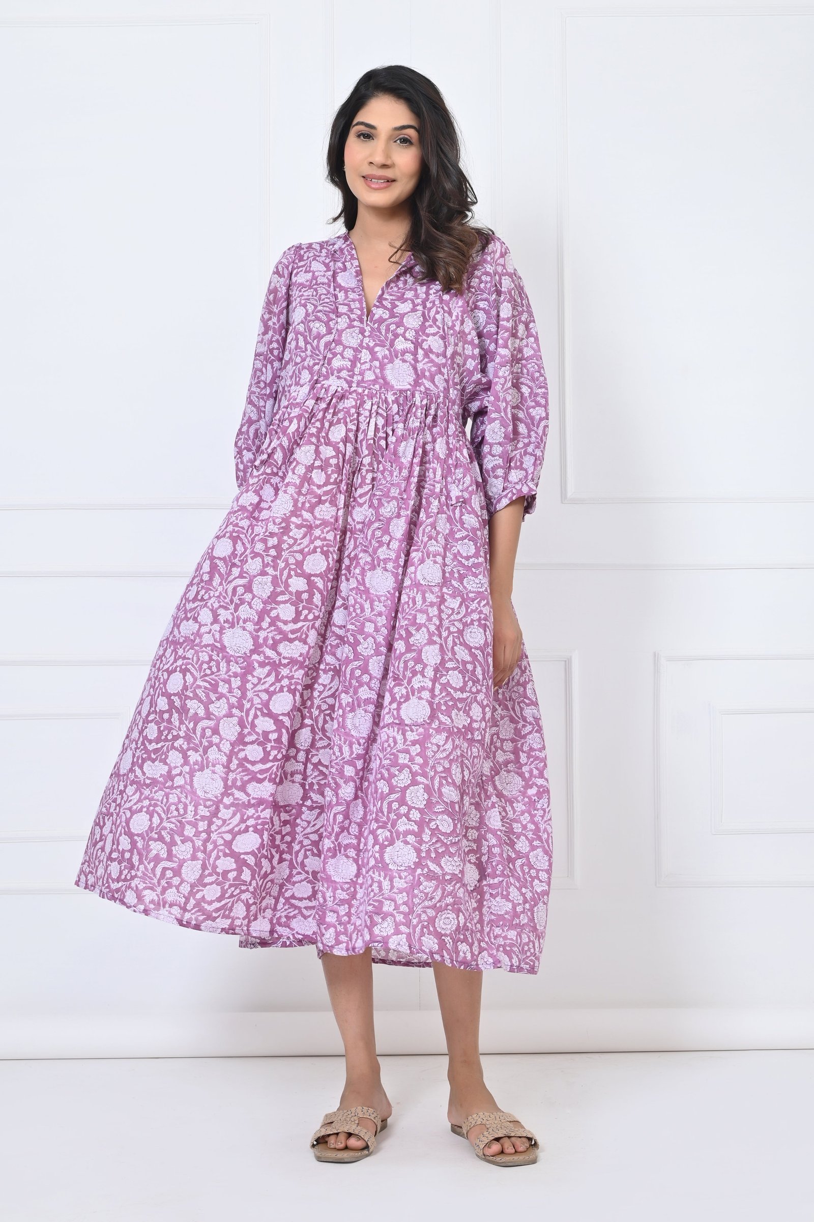 Lavender Printed Flared Cotton Maxi Doi Dress