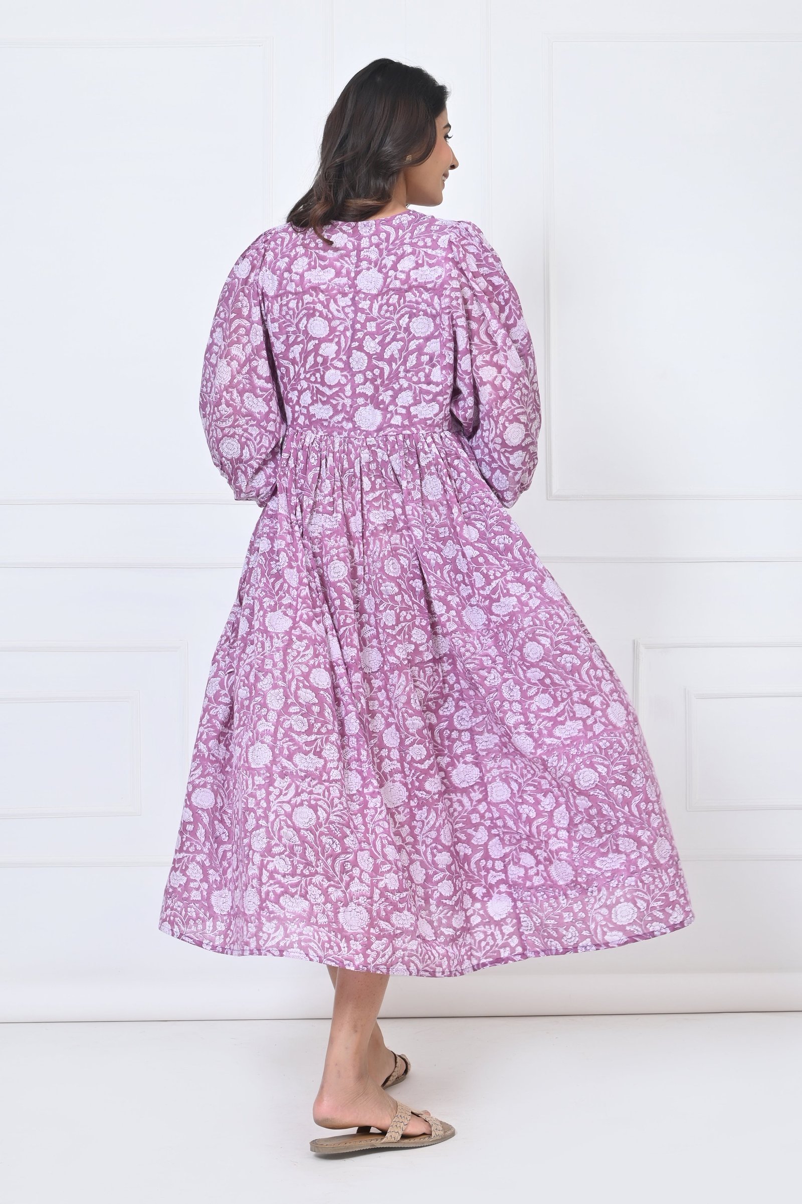 Lavender Printed Flared Cotton Maxi Doi Dress