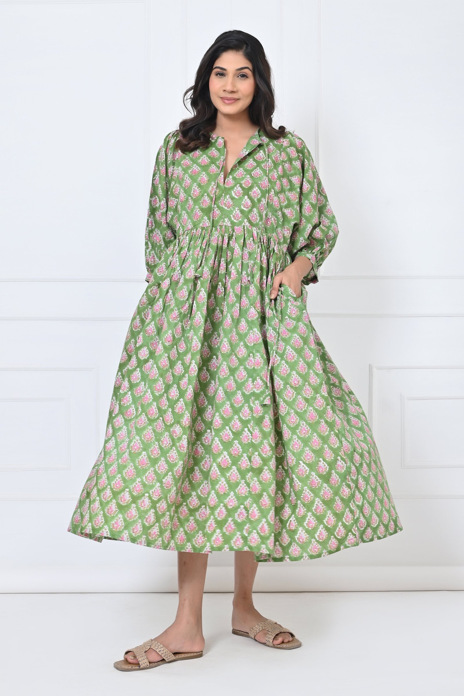 Green Print Cotton Maxi Doi Dress