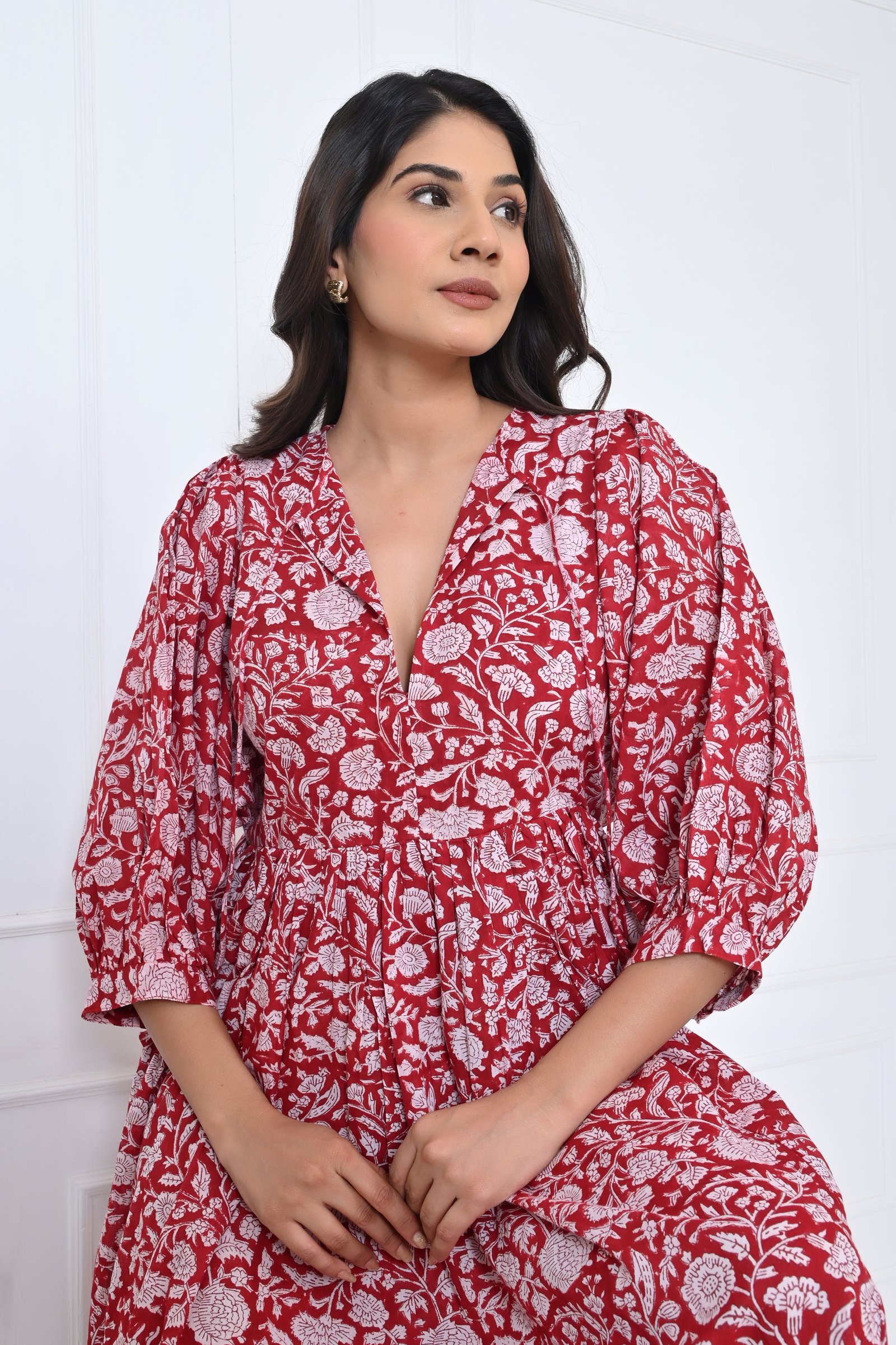 Traditional Red Floral Print Cotton Maxi Doi Dress