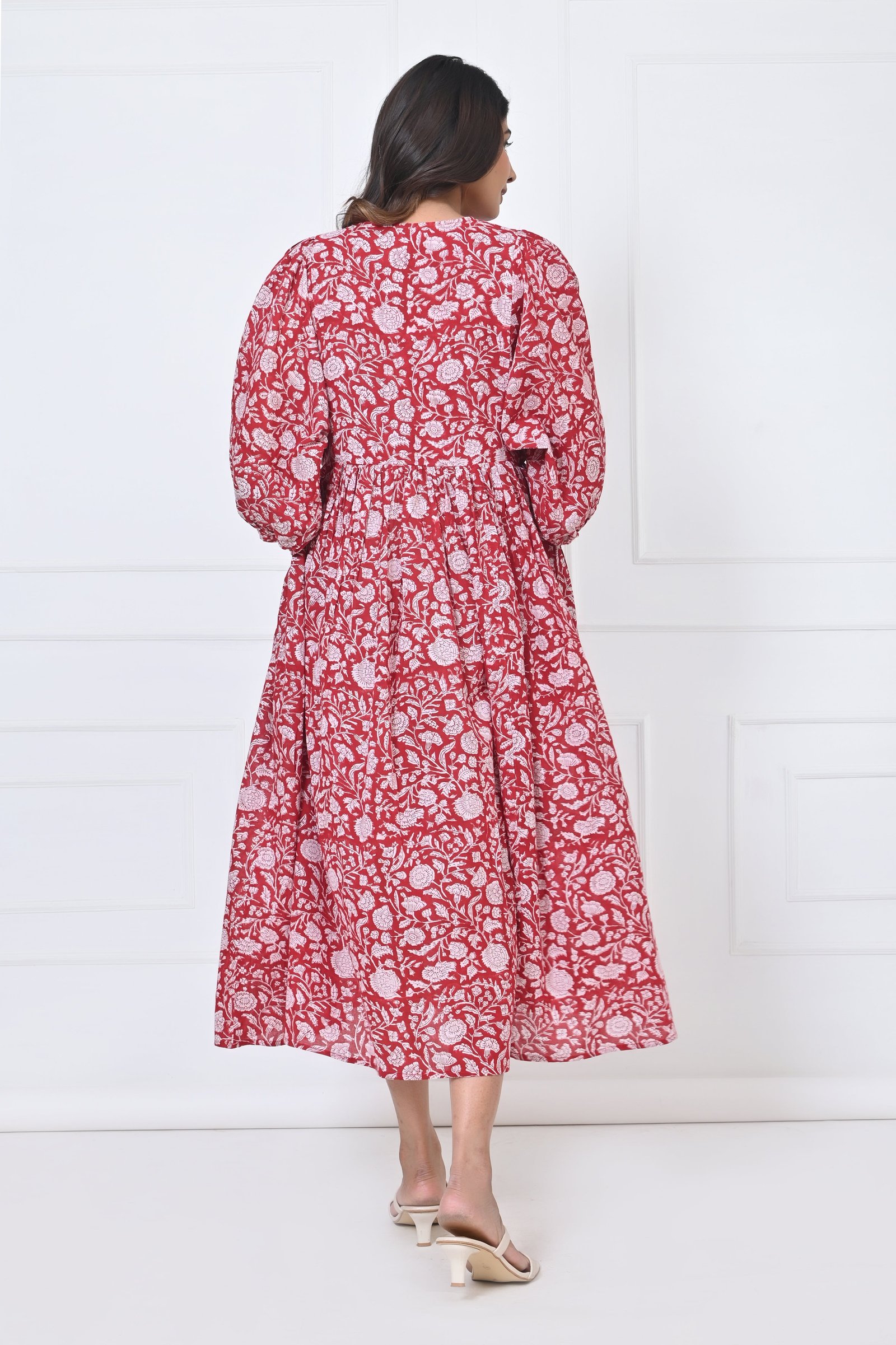 Traditional Red Floral Print Cotton Maxi Doi Dress