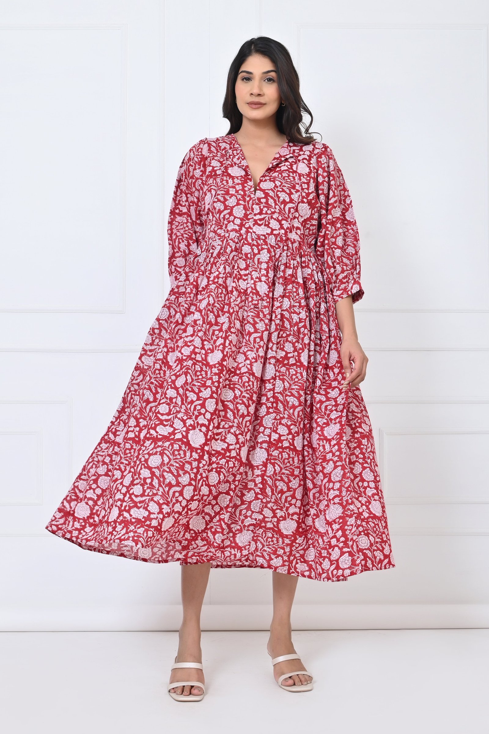 Traditional Red Floral Print Cotton Maxi Doi Dress