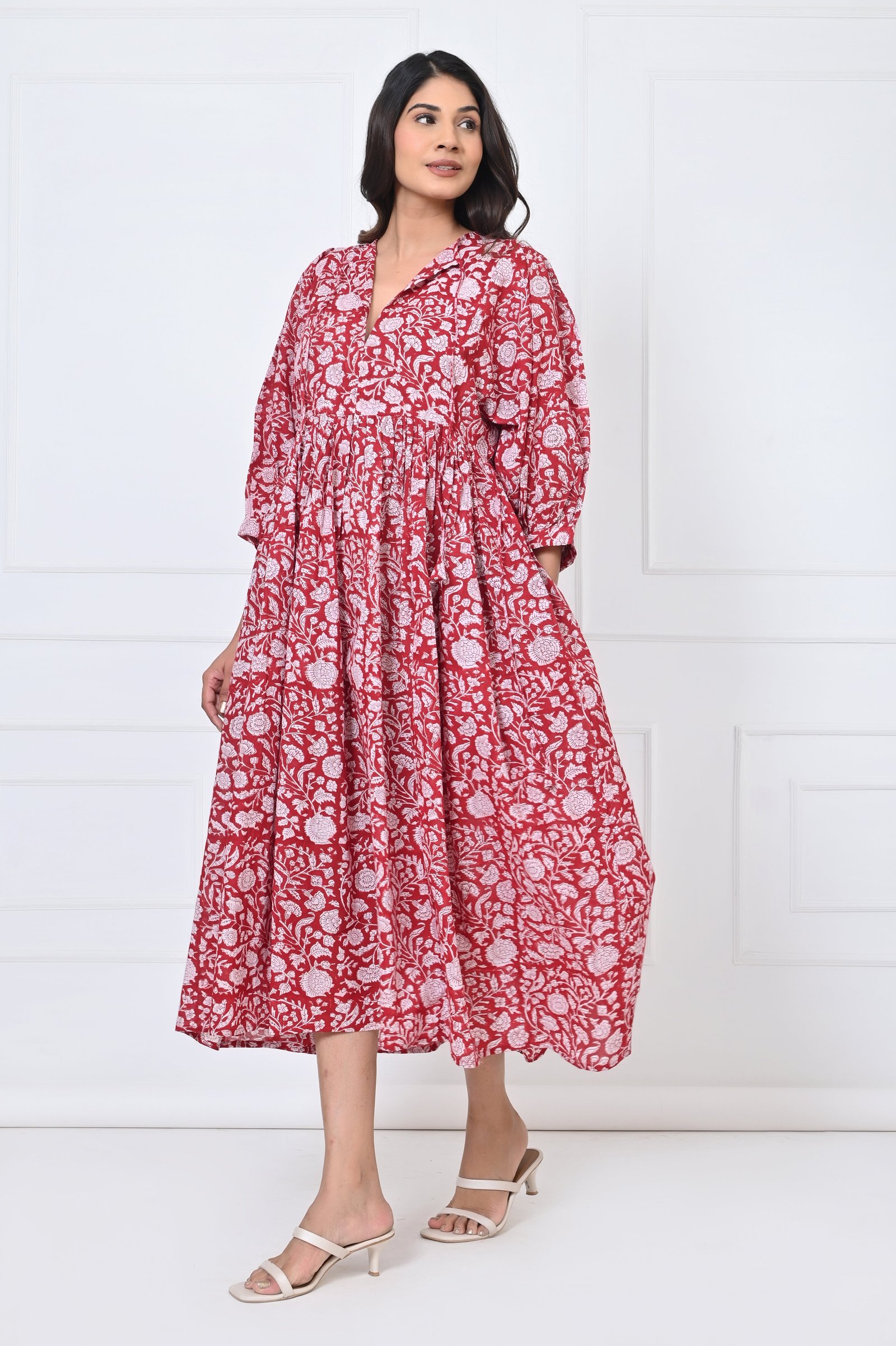 Traditional Red Floral Print Cotton Maxi Doi Dress