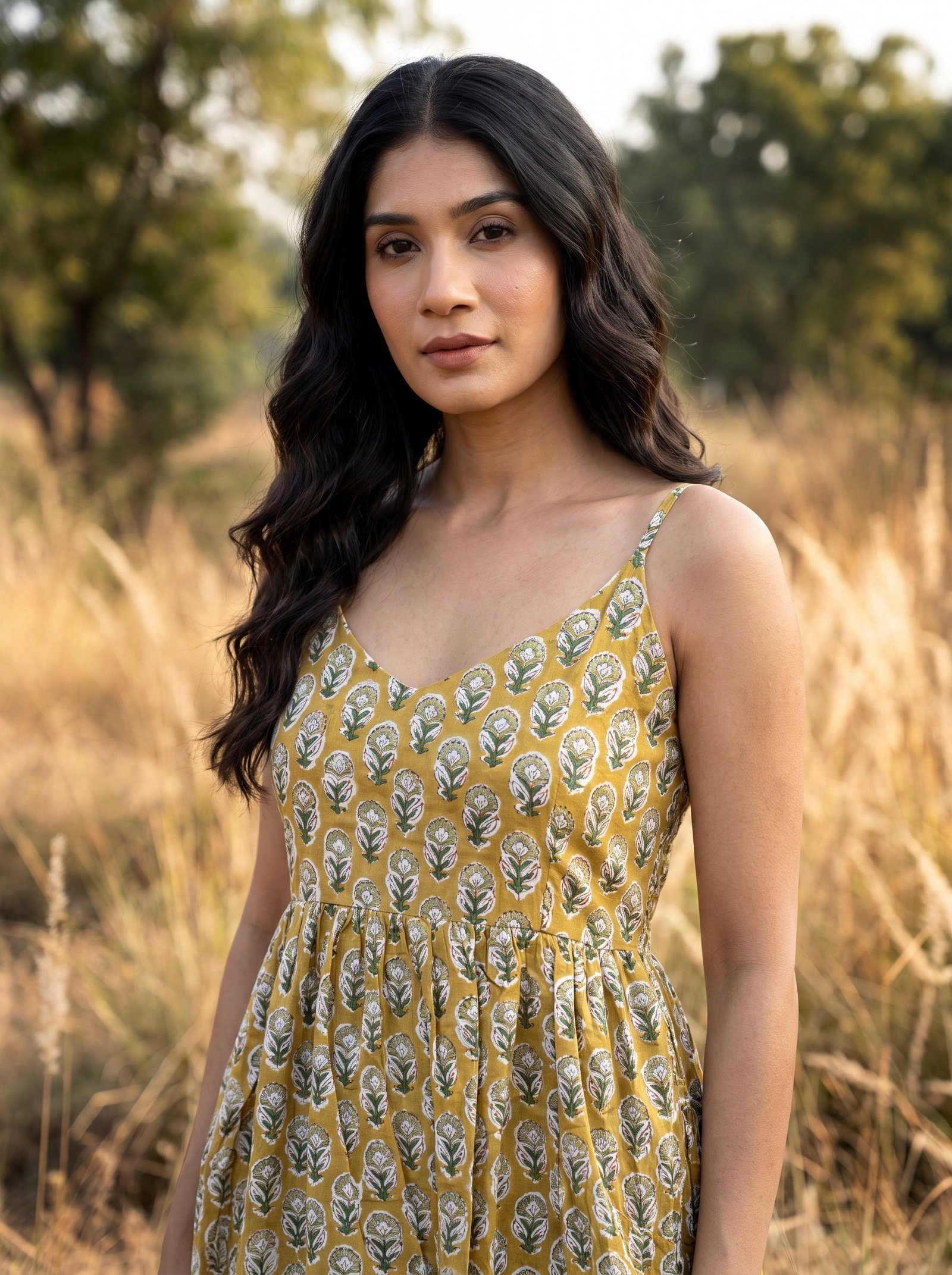 Mustard Floral Cotton Maxi Dress