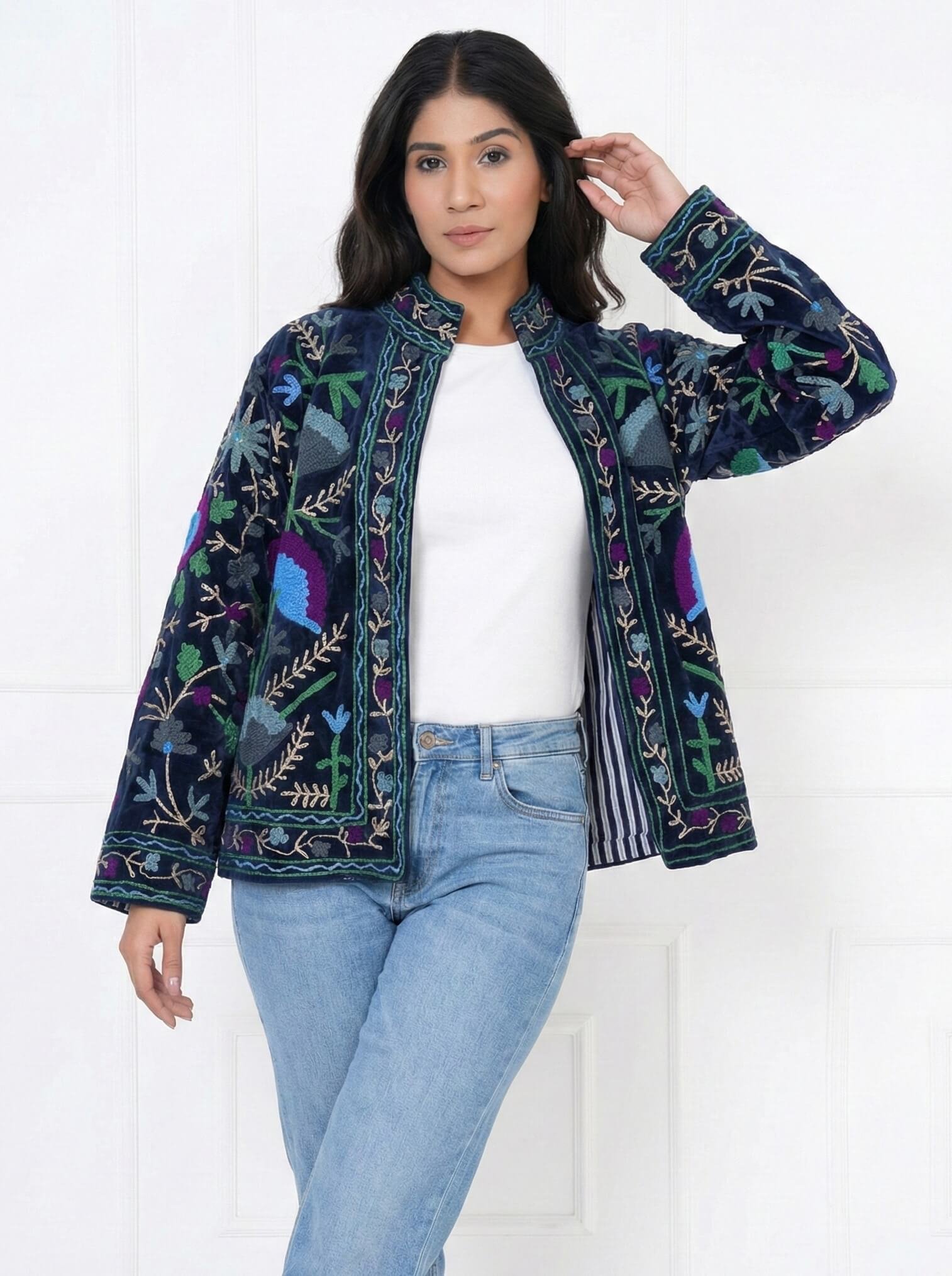 Navy Blue Embroidered Velvet Jacket