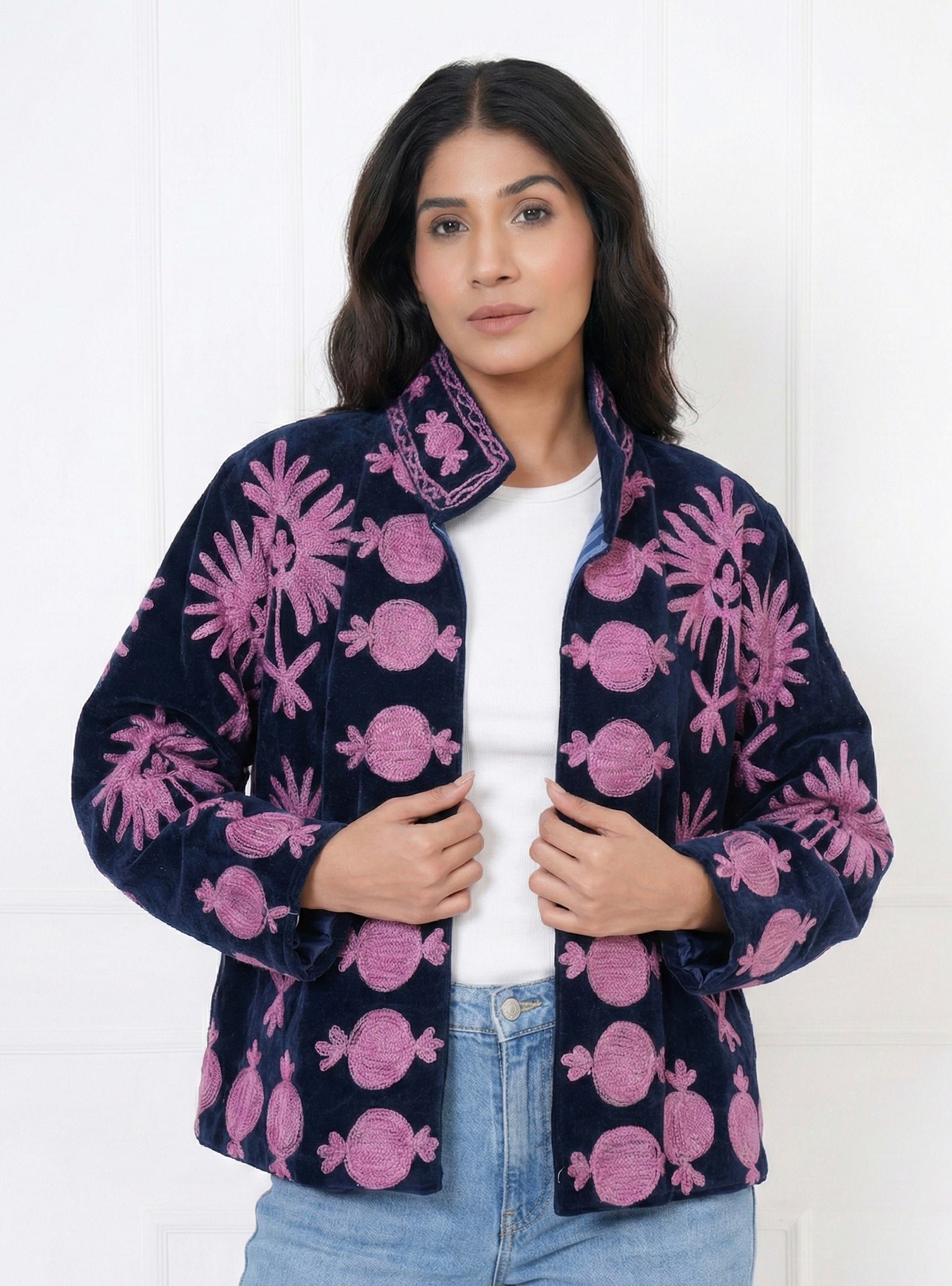 Midnight Blue Velvet Suzani Embroidered Jacket