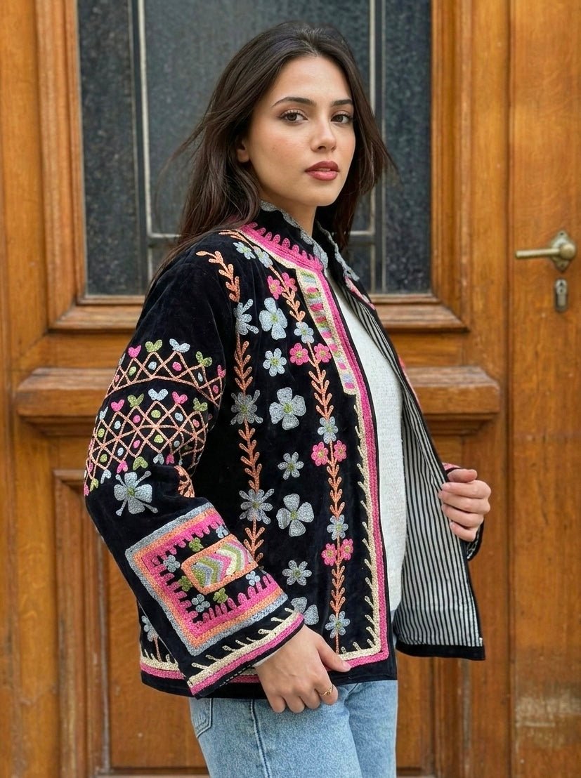 Black Velvet Multicolour Floral Embroidered Jacket