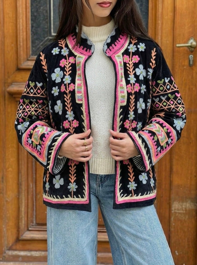 Black Velvet Multicolour Floral Embroidered Jacket