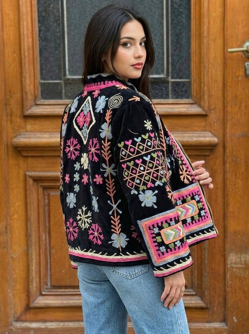 Black Velvet Multicolour Floral Embroidered Jacket